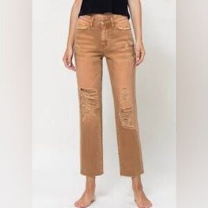 Target Tan Straight Leg Jeans with Distressed Details